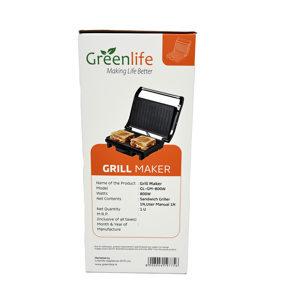 Back of the Greenlife GL-GM-800w box with power, net quantity, and warranty details.