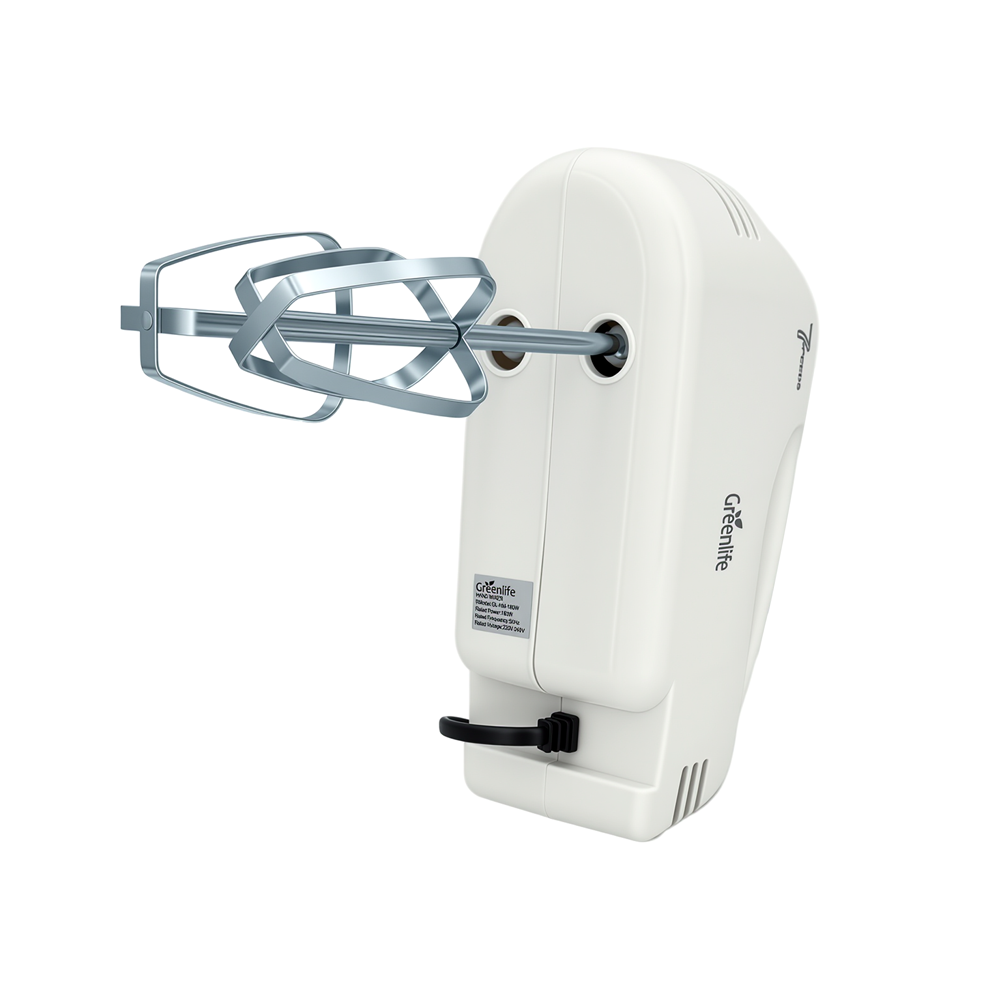 Close-up of the stainless steel beaters attached to the Greenlife 180W hand mixer.