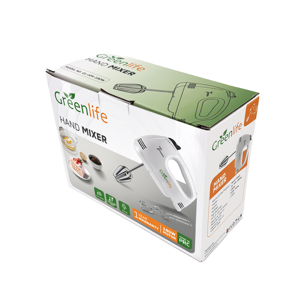 Retail box of the Greenlife 180W Hand Mixer showing all features and 1-year warranty.