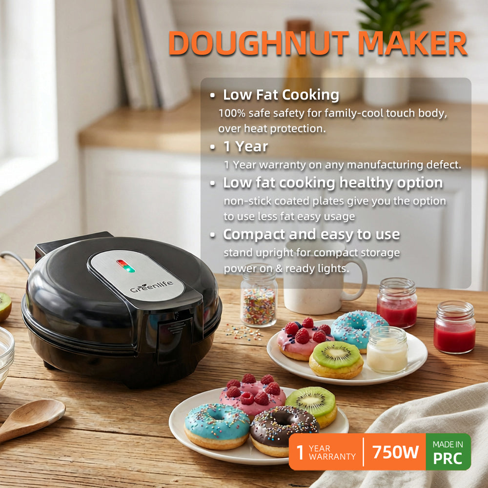 Low-fat oil-free donut baking using the non-stick Greenlife doughnut maker.
