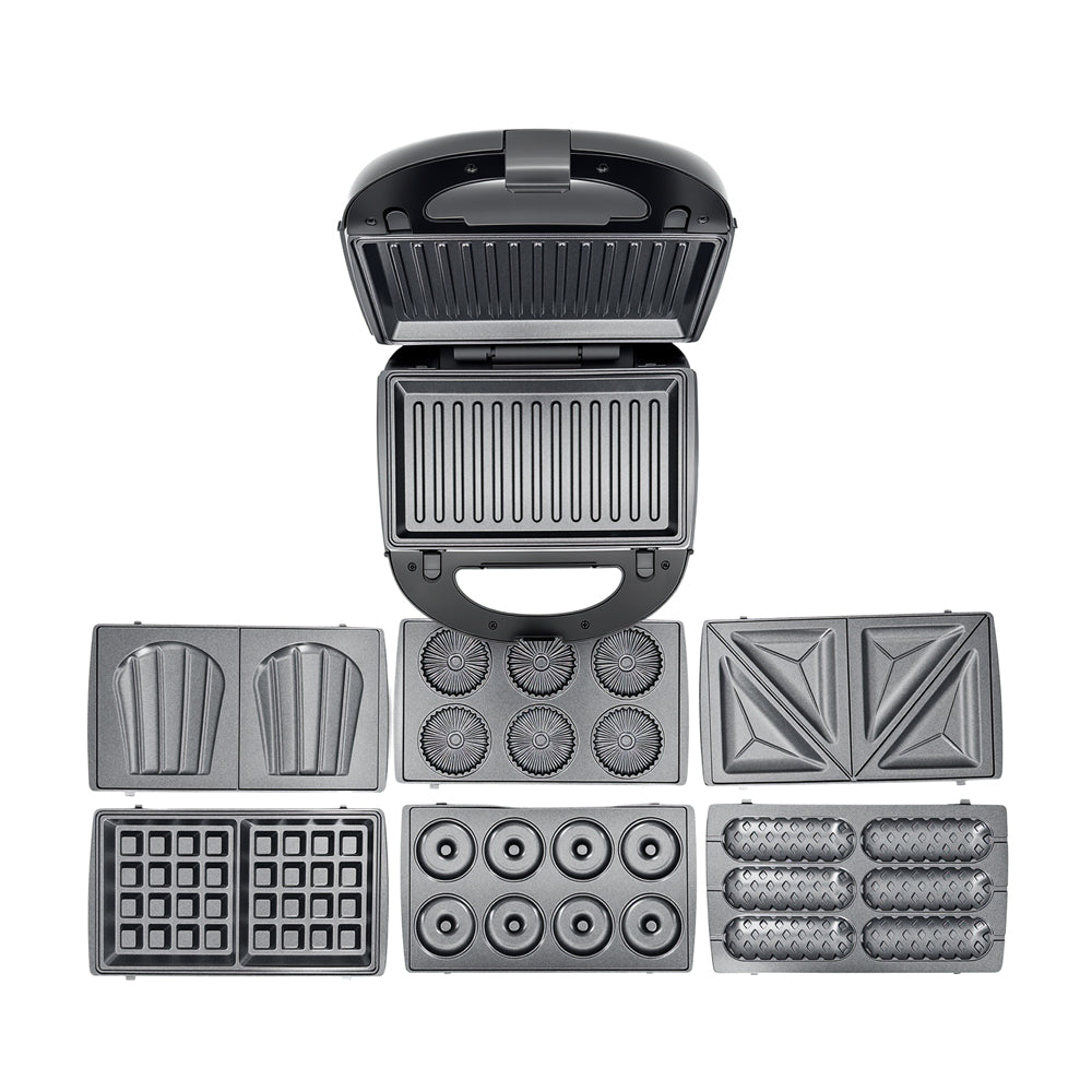 Full set of 7 interchangeable plates: sandwich, waffle, donut, grill, nut, cupcake, and madeleine.
