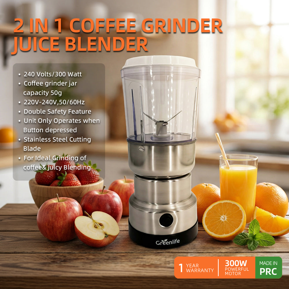 300W Greenlife juice blender for fresh fruit smoothies with stainless steel base.