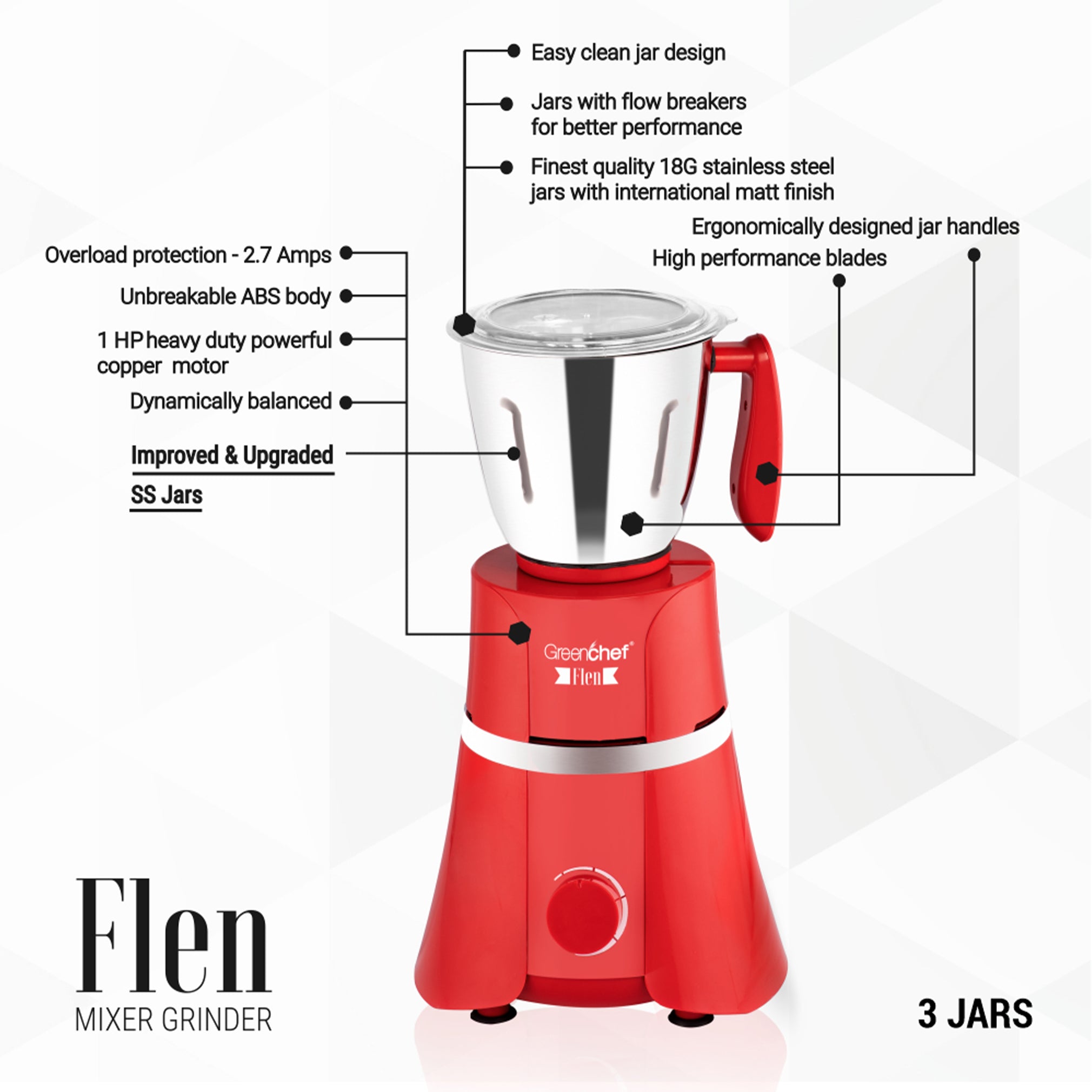 GreenChef Flen Mixer Grinder 1HP with 3 Jars