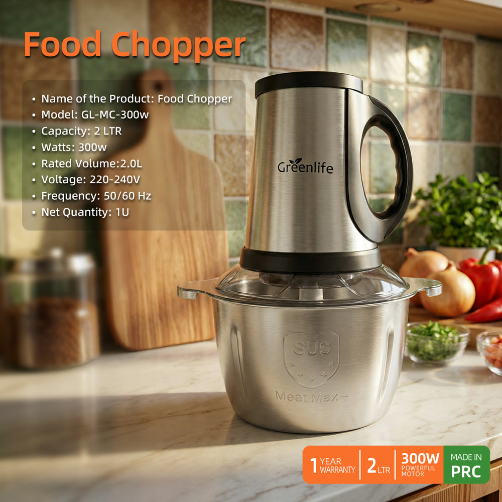 Greenlife 2L stainless steel meat grinder machine with technical specifications.