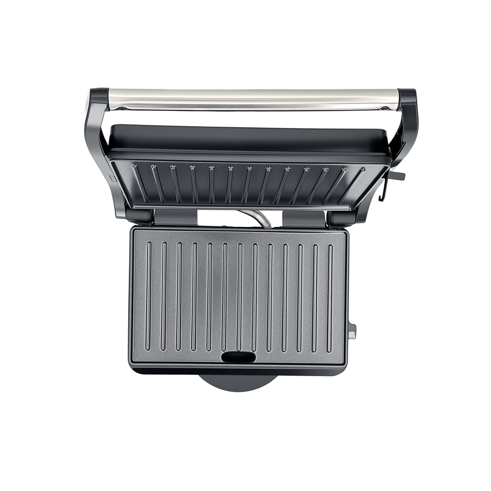 Open view of the Greenlife grill maker showing high-quality non-stick ridged plates.