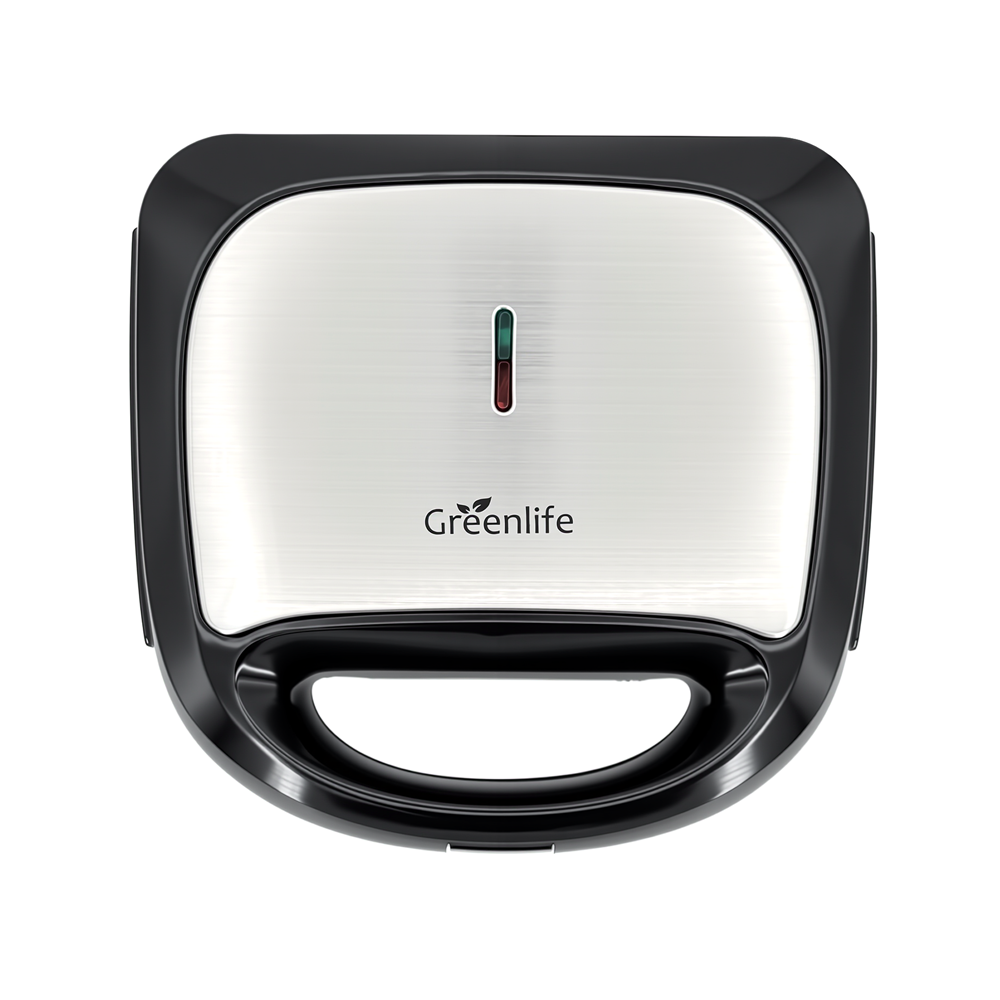 Top view of Greenlife sandwich maker showing power and ready-to-cook indicator lights.