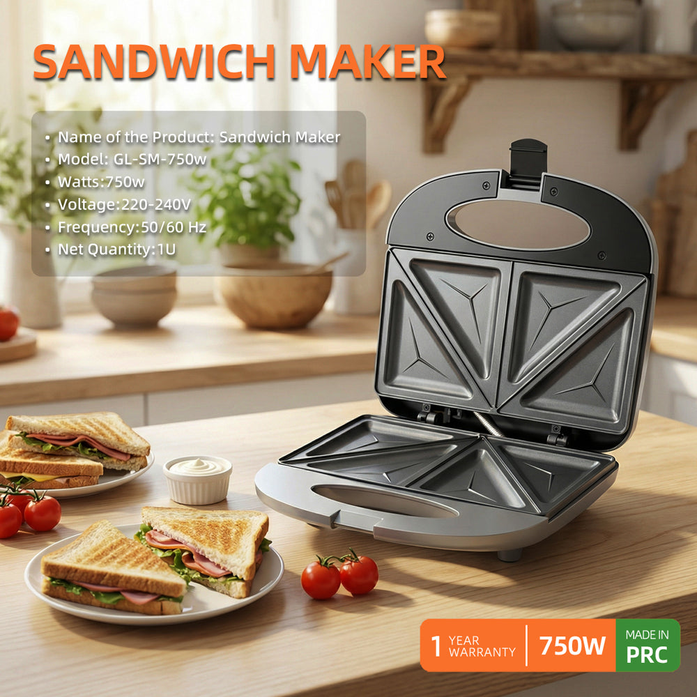 Open view of Greenlife 750W sandwich maker showing non-stick triangle plates and fresh ingredients.