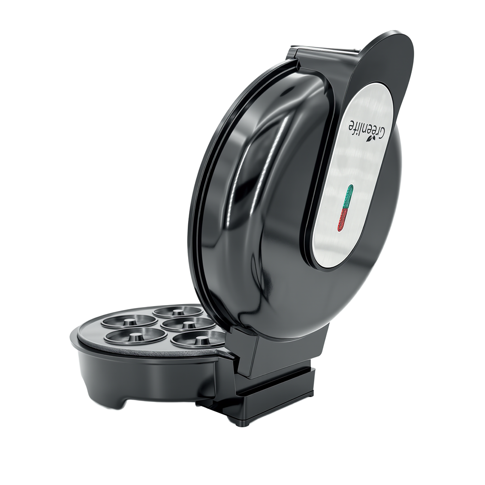Side profile of the Greenlife 750W donut maker highlighting the sturdy handle lock.