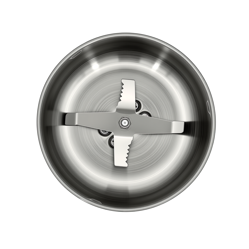 Interior view of the sharp 4-way stainless steel blades designed for fine spice grinding.