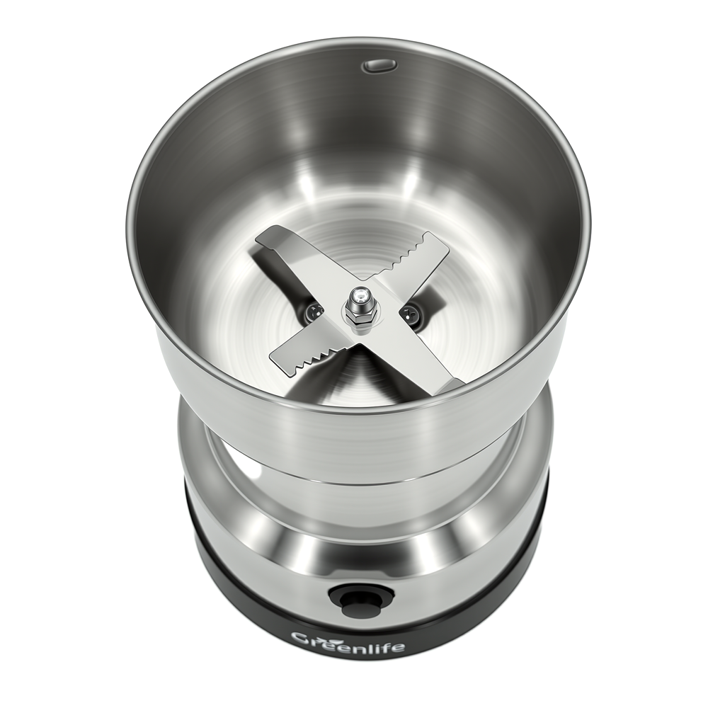 Top-down view of the durable stainless steel grinding blades in a Greenlife 50ml jar.