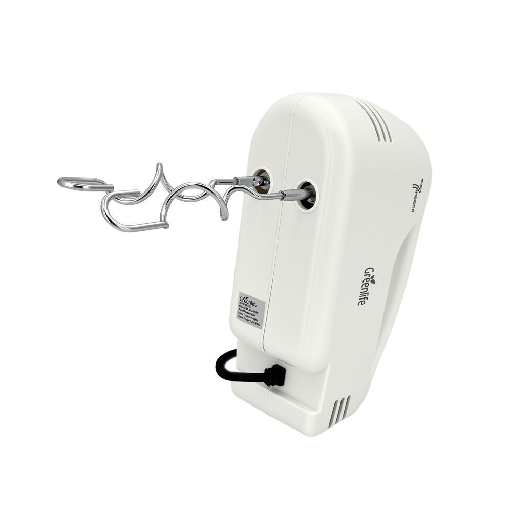Greenlife hand mixer with stainless steel kneading hooks for cookie dough and heavy batter.