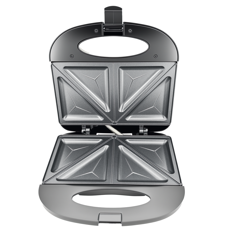 Open view of the 2-slice triangle sandwich plates for the Greenlife 750W maker.