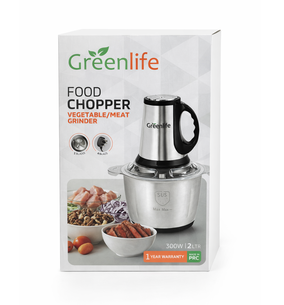 Retail box of the Greenlife 300W food chopper and vegetable grinder showing 4 blades.