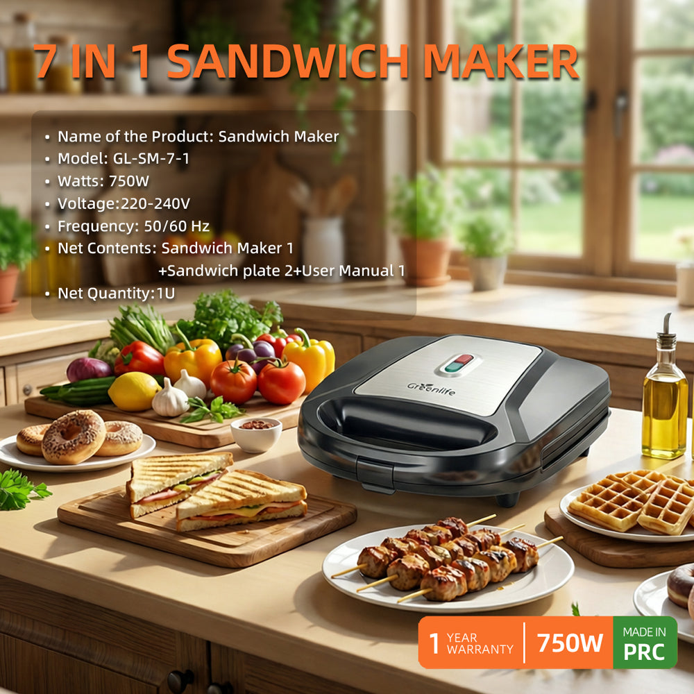 Multi-functional Greenlife 750W maker with fresh waffles, sandwiches, and skewers.